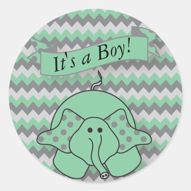 Mint Green and Grey Chevron Baby Elephant Classic Round Sticker (Front)
