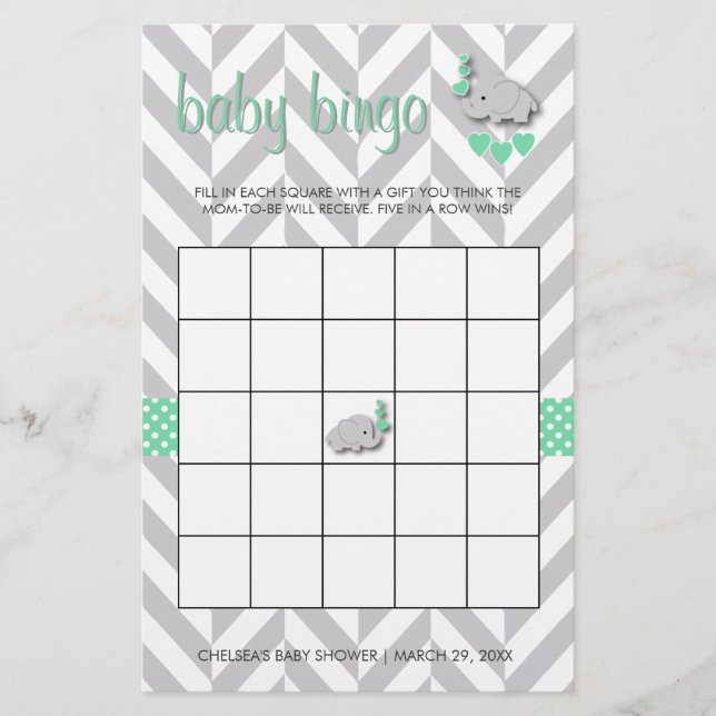 Mint Green and Grey Elephant Baby Shower Bingo Stationery (Front)