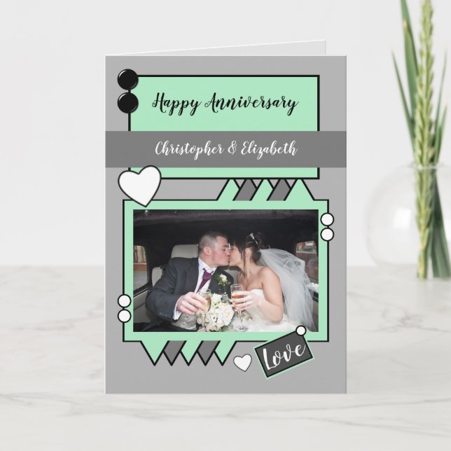 Mint green and grey with photo names anniversary card (Front)