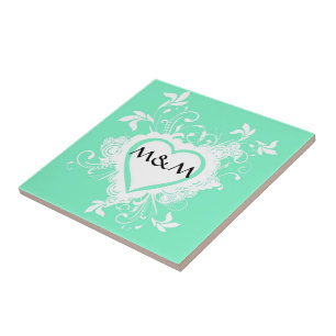 Mint green and heart  monogram tile