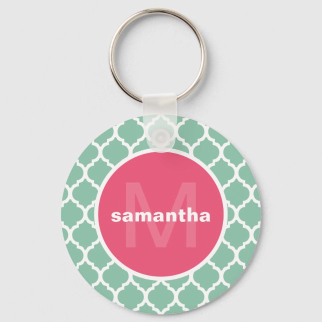 Mint Green and Hot Pink Quatrefoil Monogram Key Ring (Front)