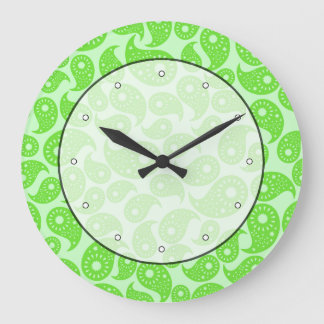 Mint Green and Lime Green Paisley. Large Clock