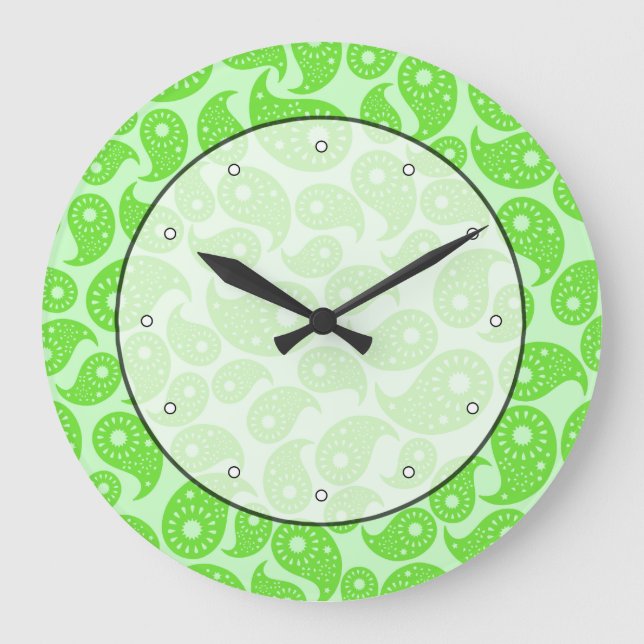 Mint Green and Lime Green Paisley. Large Clock (Front)