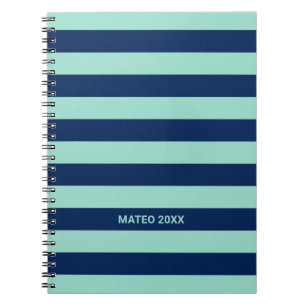 Mint Green and Navy Blue Stripes with Name Notebook