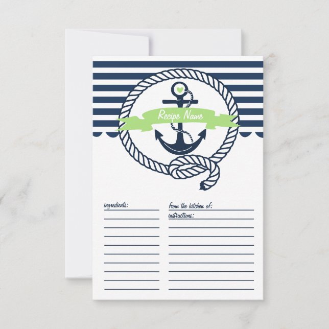 Mint Green and Navy Nautical Stripes Recipe Card (Front)