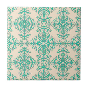 Mint Green and Off White Damask Style Pattern Tile
