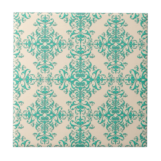 Mint Green and Off White Damask Style Pattern Tile (Front)