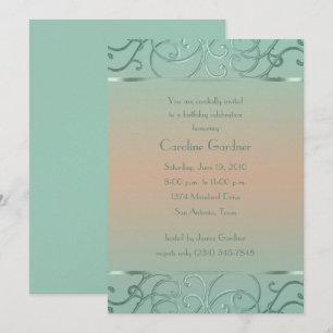 Mint Green and Peach Filigree Border Birthday Invitation