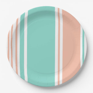 Mint Green and Peach Modern Stripes Paper Plate