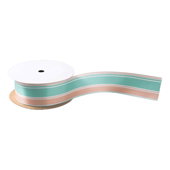 Mint Green and Peach Modern Stripes Satin Ribbon (Spool)