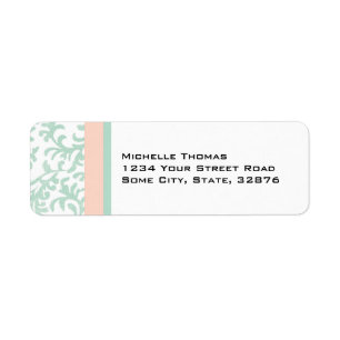 Mint Green and Peach Pink Damask Return Address