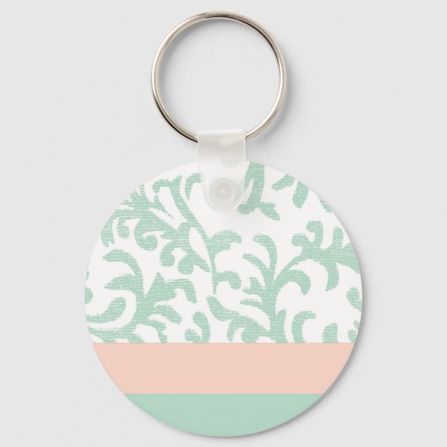 Mint Green and Peach Pink Floral Pattern Key Ring (Front)