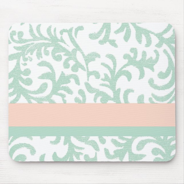 Mint Green and Peach Pink Floral Pattern Mouse Mat (Front)