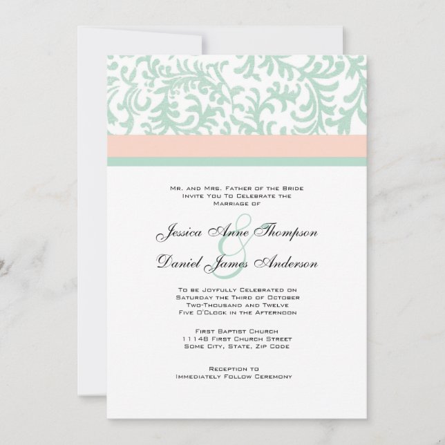 Mint Green and Peach Pink Wedding Invitation (Front)