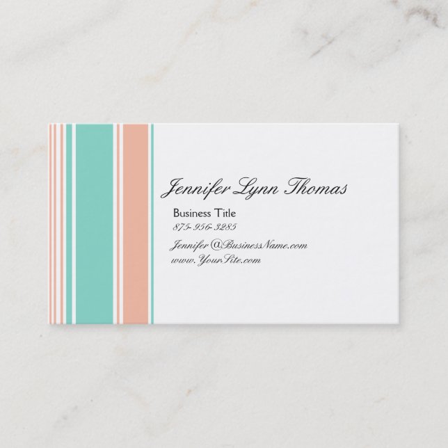 Mint Green and Peach Stripes Business Card (Front)