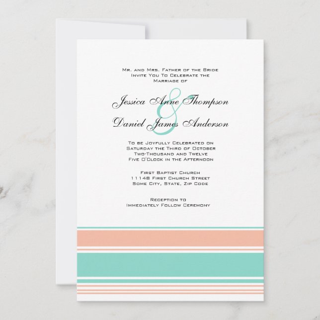 Mint Green and Peach Stripes Wedding Invitation (Front)