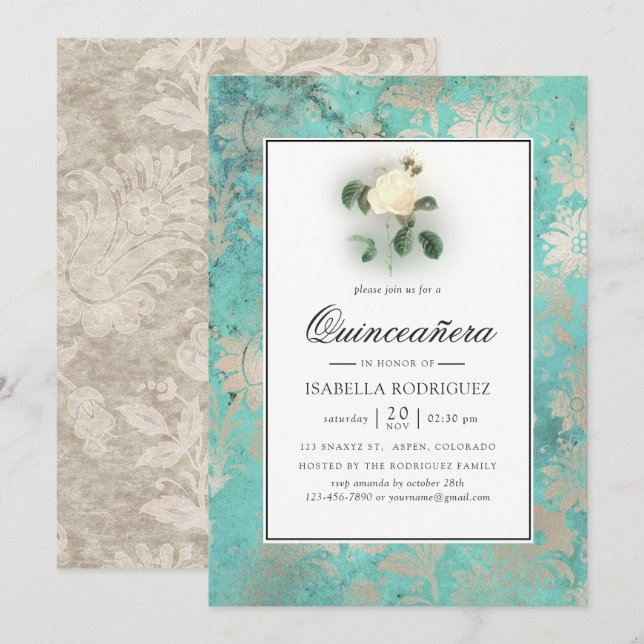 Mint Green and Pearl Floral Damask Quinceañera Invitation (Front/Back)
