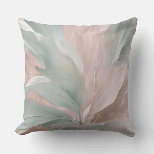 Mint Green and Pink Coastal Botanical Print Cushion (Front)