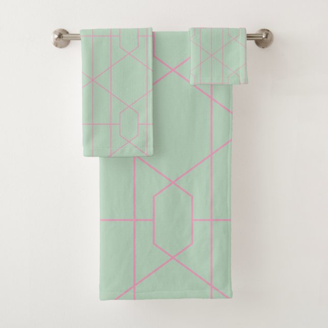 Mint Green and Pink Geometric Lines Pattern Bath Towel Set (Insitu)