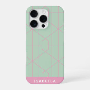 Mint Green and Pink Geometric Lines Personalised iPhone 16 Pro Case