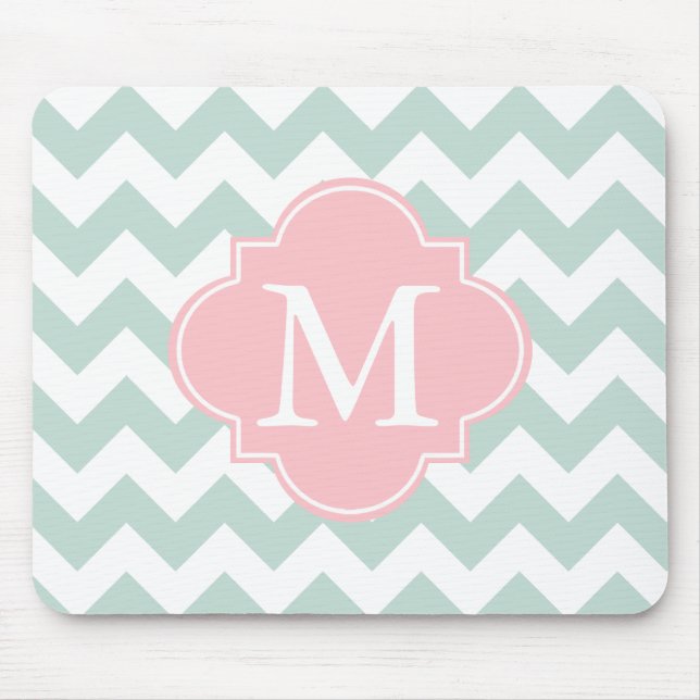 Mint Green and Pink Modern Chevron Custom Monogram Mouse Mat (Front)
