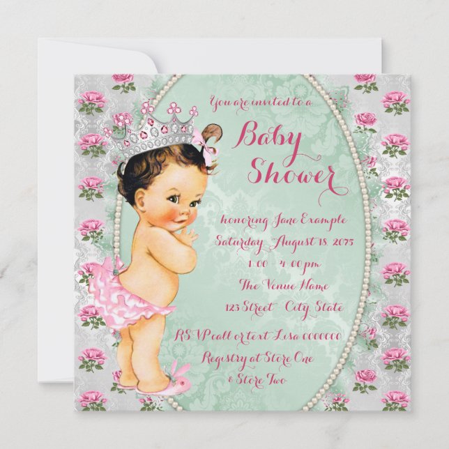 Mint Green and Pink Rose Baby Girl Shower Invitation (Front)