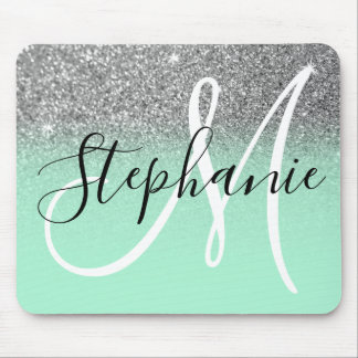 Mint Green and Silver Glitter Ombre Monogram Mouse Mat