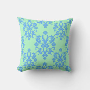 Mint Green and Sky Blue Damask Vintage Style Cushion