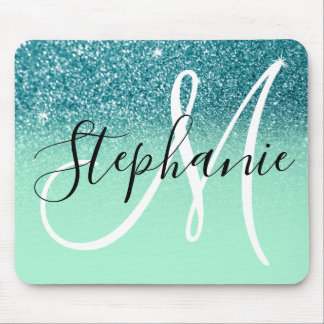 Mint Green and Teal Glitter Ombre Sparkle Monogram Mouse Mat