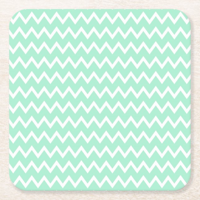 Mint Green and White Chevron Pattern Square Paper Coaster (Front)