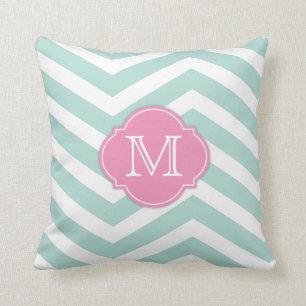 Mint Green and White Chevron Pattern with monogram Cushion