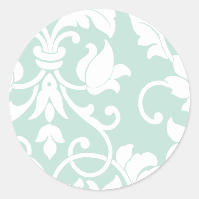 Mint Green and White Damask Classic Round Sticker (Front)