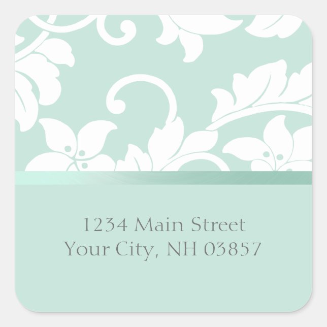 Mint Green and White Damask Square Sticker (Front)