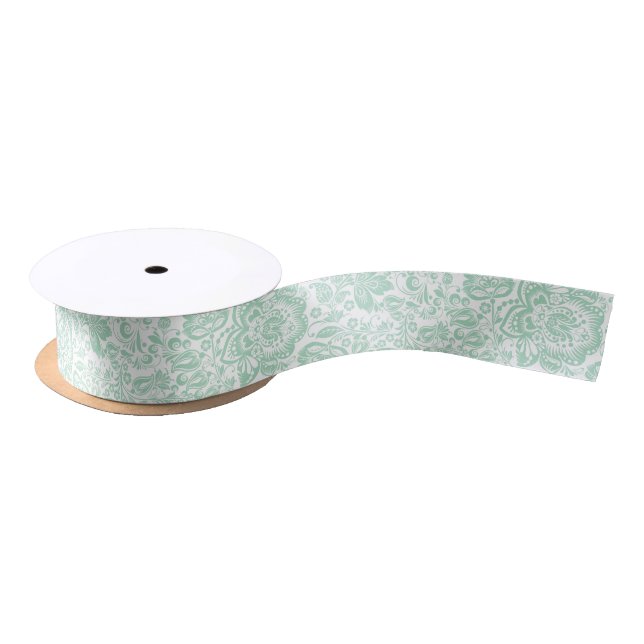 Mint green and white damasks pattern satin ribbon (Spool)