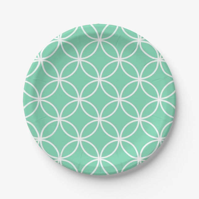 Mint Green and White Geometric Pattern Circles Paper Plate (Front)