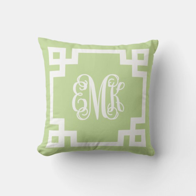 Mint Green and White Greek Key Script Monogram Cushion (Front)