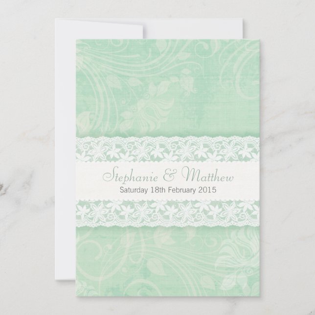 Mint green and white lace wedding invitation (Front)