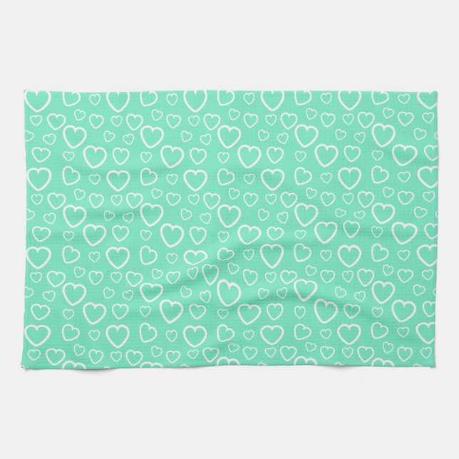 Mint Green and White Love Hearts Pattern Tea Towel (Horizontal)