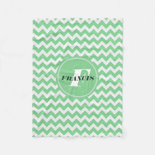 Mint-Green And White Monogram Chevron Pattern Fleece Blanket (Front)