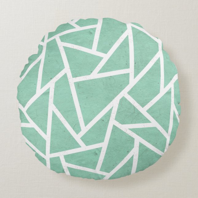 Mint green and white mosaic pattern round cushion (Front)