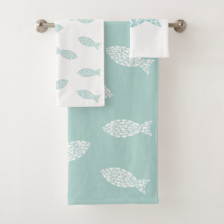 Mint green and white nautical fish bath towel set