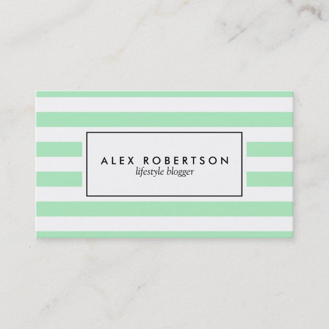 Mint green and white stripes business card (Front)