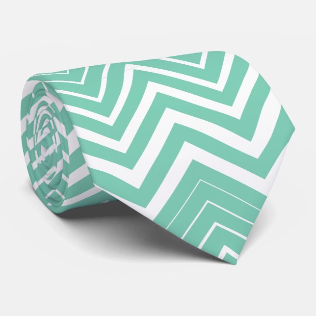 Mint-Green And White Zigzag Chevron Tie (Rolled)