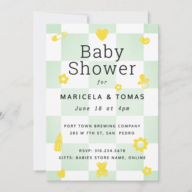 Mint Green and Yellow Chequered Baby Shower Invitation (Front)