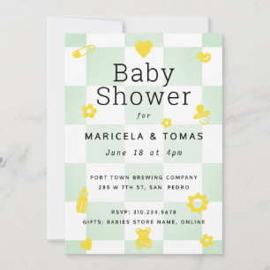 Mint Green and Yellow Chequered Baby Shower Invitation