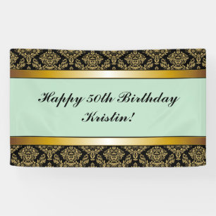 Mint Green Any Age Gold Damask Birthday Banner