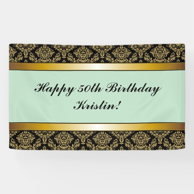 Mint Green Any Age Gold Damask Birthday Banner (Horizontal)