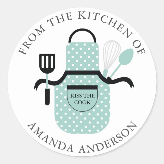 Mint Green Apron Kiss the Cook From the Kitchen of Classic Round Sticker (Front)