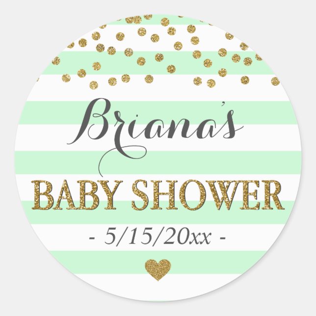 Mint Green Aqua Gold Stripe Confetti Baby Shower Classic Round Sticker (Front)