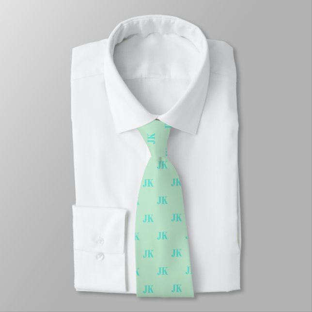 Mint Green Aqua Monogram Initials Tie (Tied)